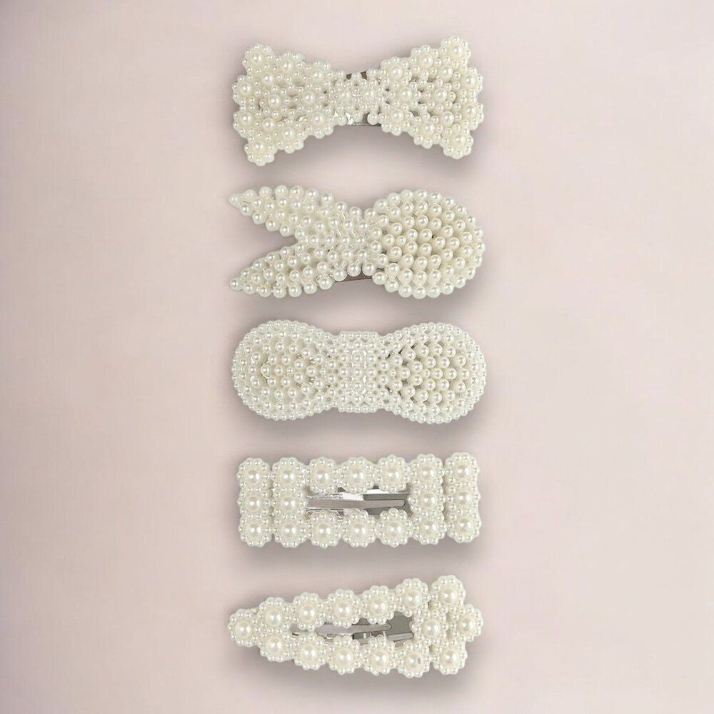 White Pearls Barrette Hair Clips 5pcs